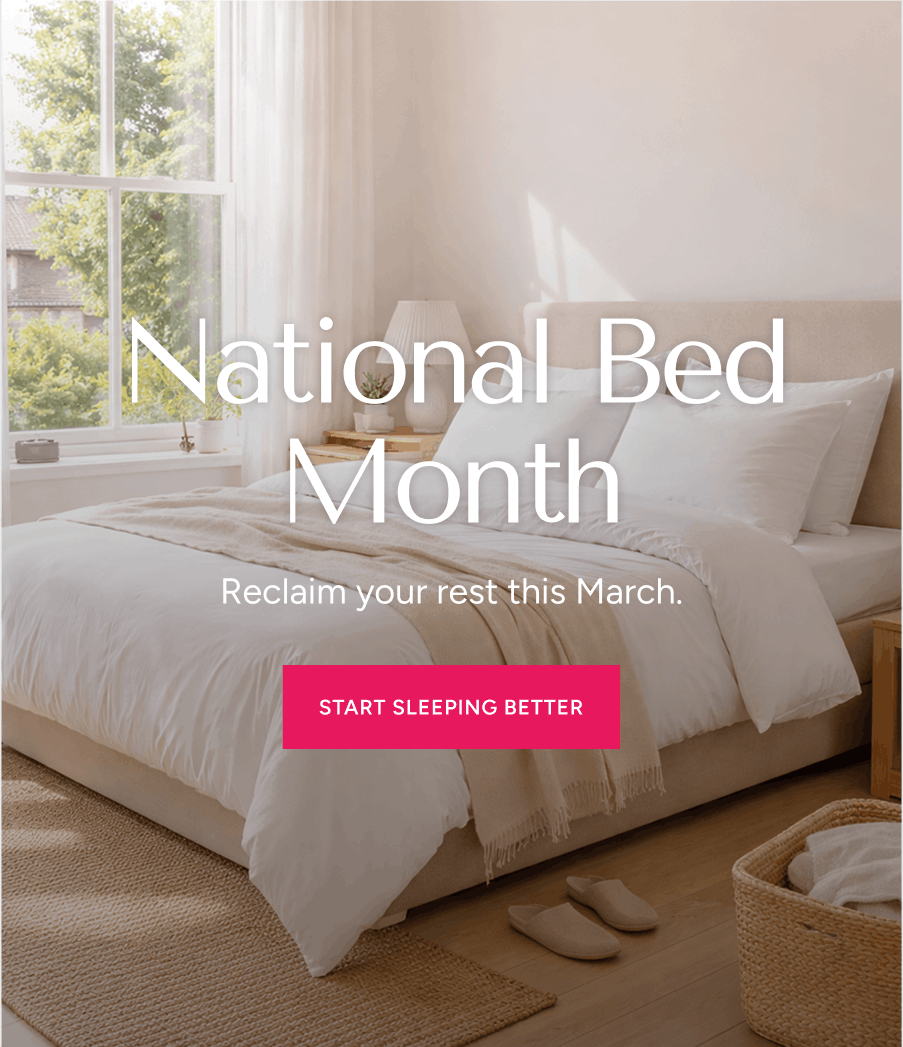 national bed day, hero image of a bedroom with premium bedding
