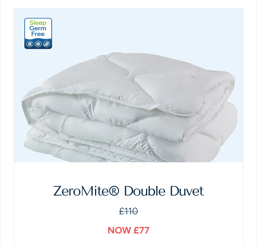 An image of a folded "zeromite® Double Duvet" with a "sleep germ free" stamp, showing the price change: "zeromite® Double Duvet,showing the reduced price after discount