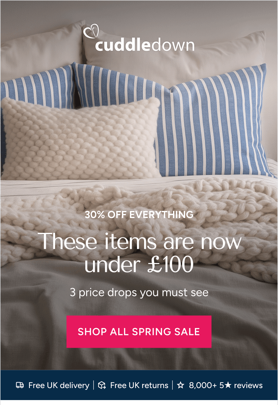 A header image featuring a blurred bedroom scene with light grey, textured beige, and blue striped pillows against a chunky knit throw, with the white "cuddledown" logo.