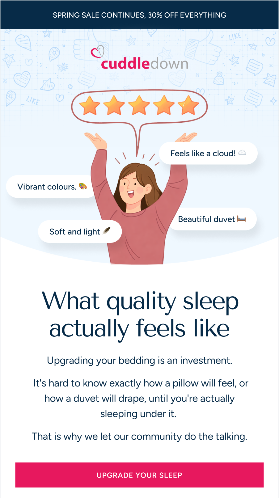 Illustration of a woman in pink pajamas sleeping on a cloud with 5 stars and customer review snippets.