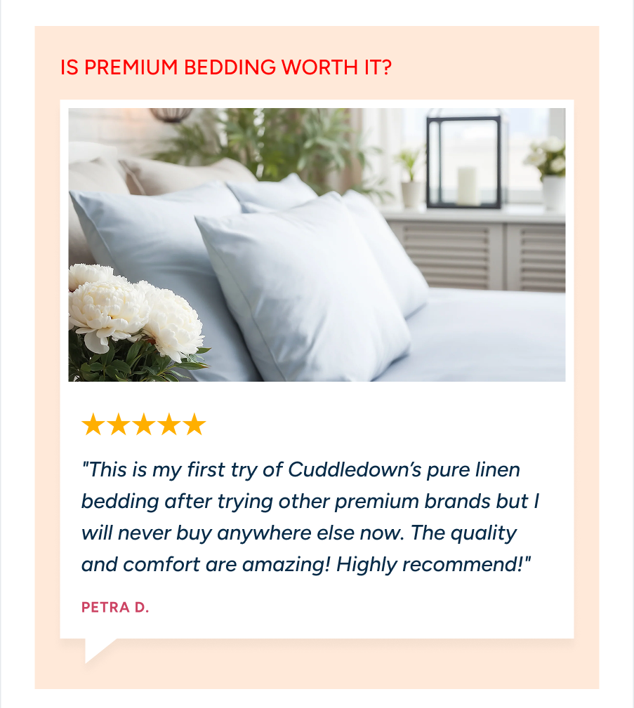 "Is premium bedding worth it?" header with light blue linen sheets and a review from Petra D.