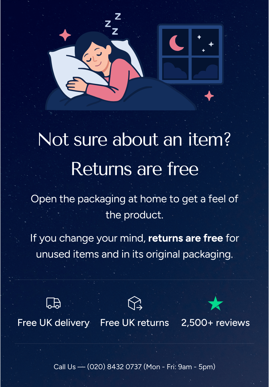 Illustration of a woman sleeping. Mentions free delivery, returns, and 2,500+ 5-star reviews.