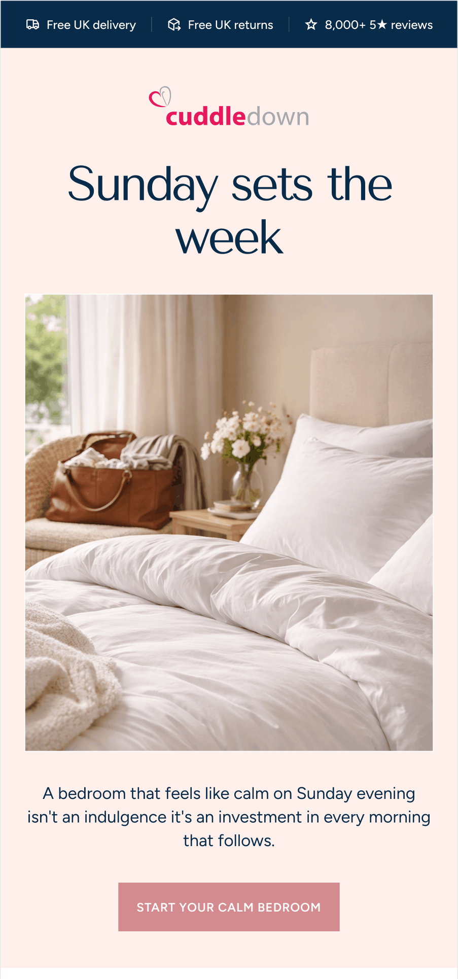 Cuddledown heart logo. Below, a beautifully styled bedroom shows a bed layered in voluminous, crisp white duvet covers and pillows.