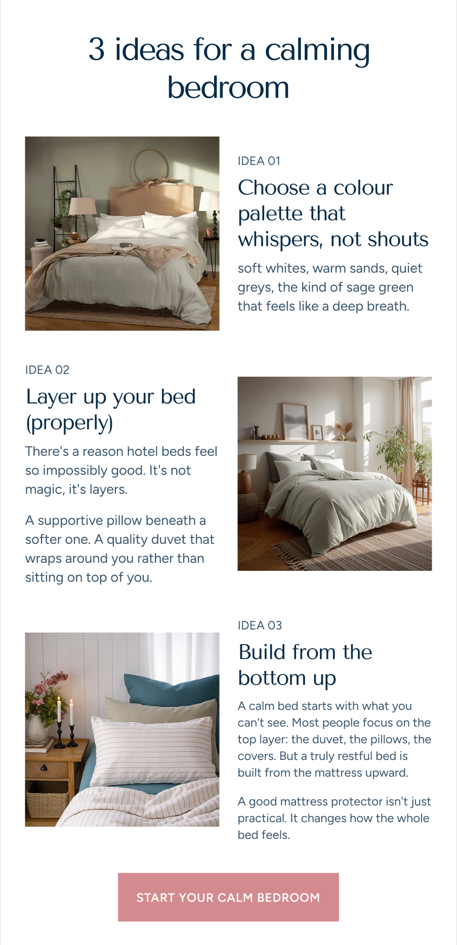 A clean three-part editorial layout showing curated bedroom setups alongside design text